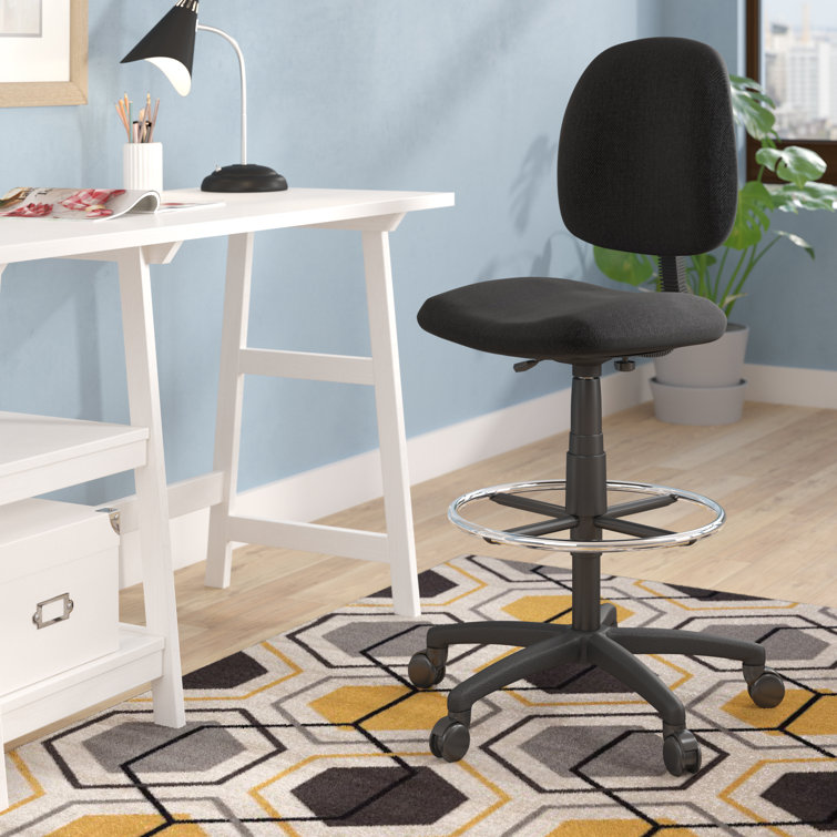 ErgoComfort Black Tweed Drafting Stool with Adjustable Arms and Chrome Footring