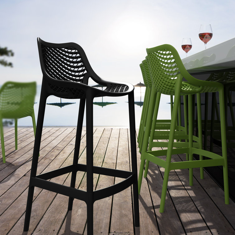 Black Plastic Outdoor Bar Stools with Footrest, Set of 2