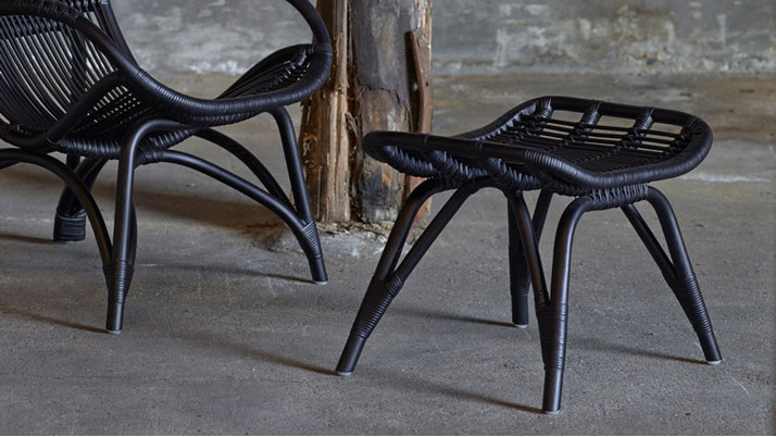 Black Handcrafted Rattan Mid-Century Modern Ottoman