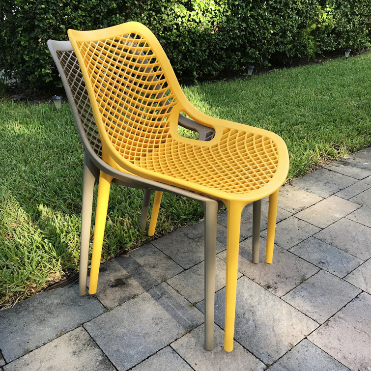 Yellow Stackable UV Resistant Plastic Outdoor Dining Chairs, Set of 2