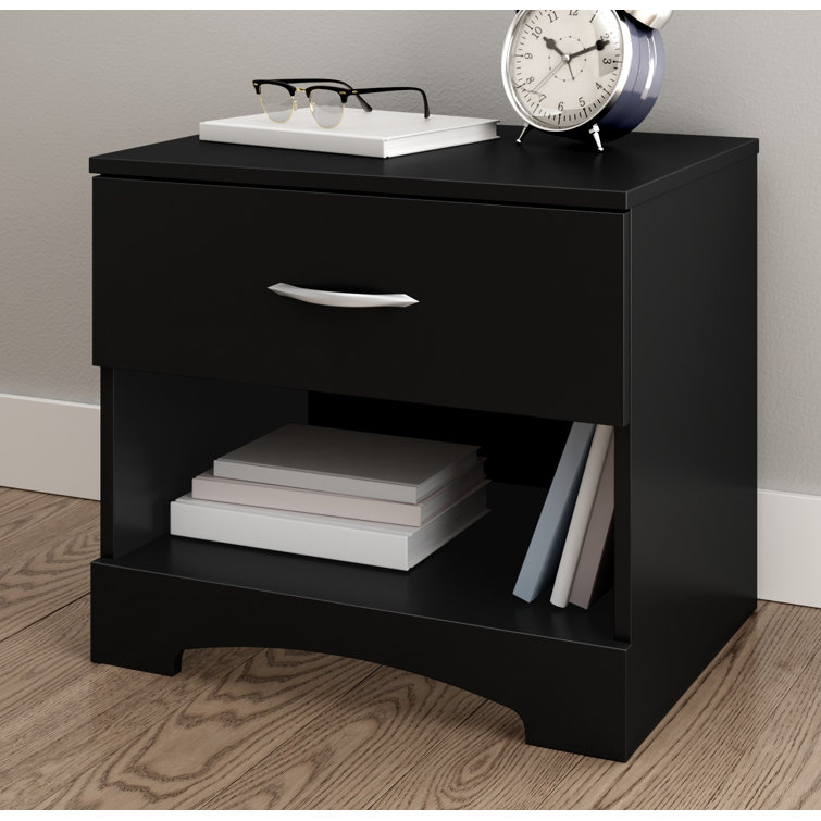 Black Composite Wood 1-Drawer Nightstand with Open Shelf