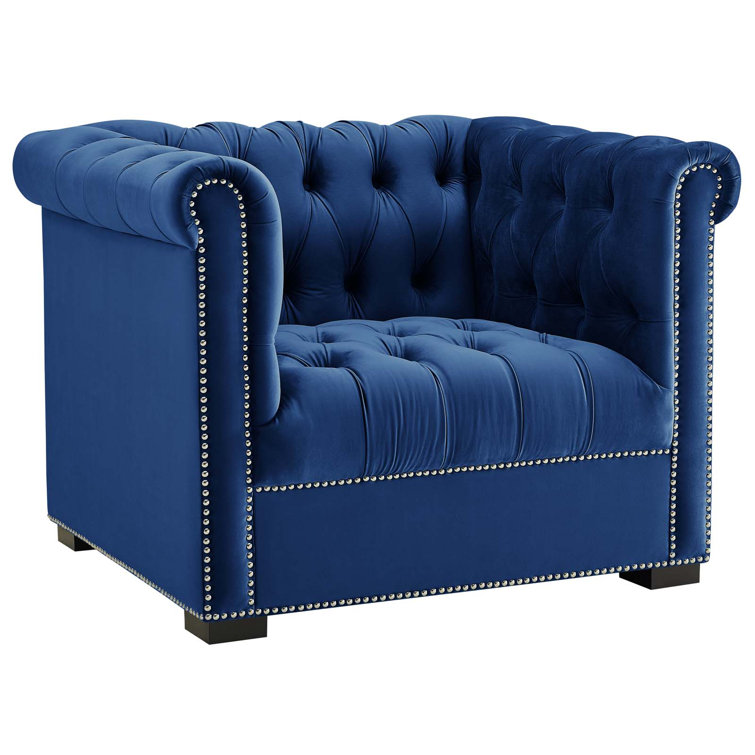 Elegant Midnight Black Velvet Chesterfield Armchair with Nailhead Trim