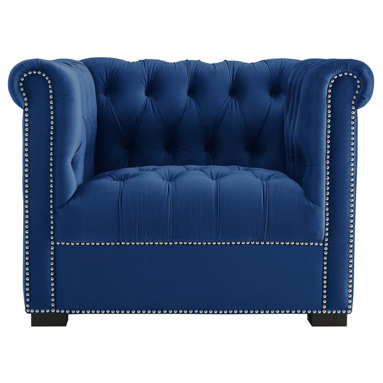 Elegant Midnight Black Velvet Chesterfield Armchair with Nailhead Trim