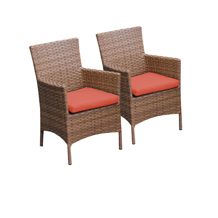 Brown Wicker Dining Chairs with Tangerine Cushions, Set of 2