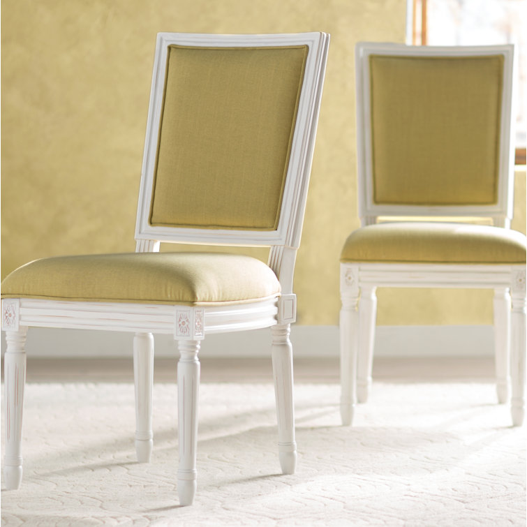 Spring Green and Cream Linen Upholstered Side Chair with Wood Frame