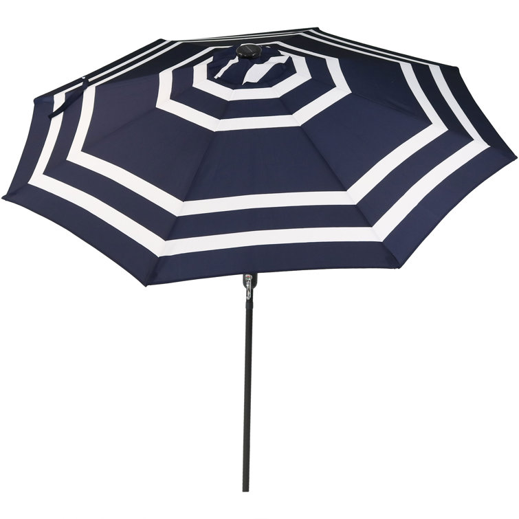 Navy Blue Striped Aluminum Market Umbrella with Solar LED Lights