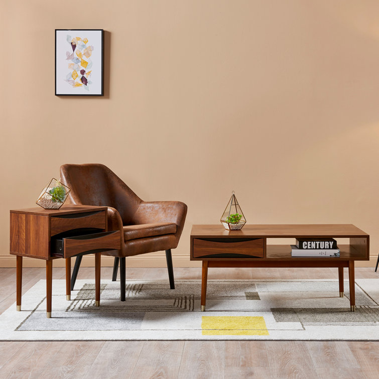Dawson 40" Walnut Mid-Century Modern Coffee Table with Brass Accents