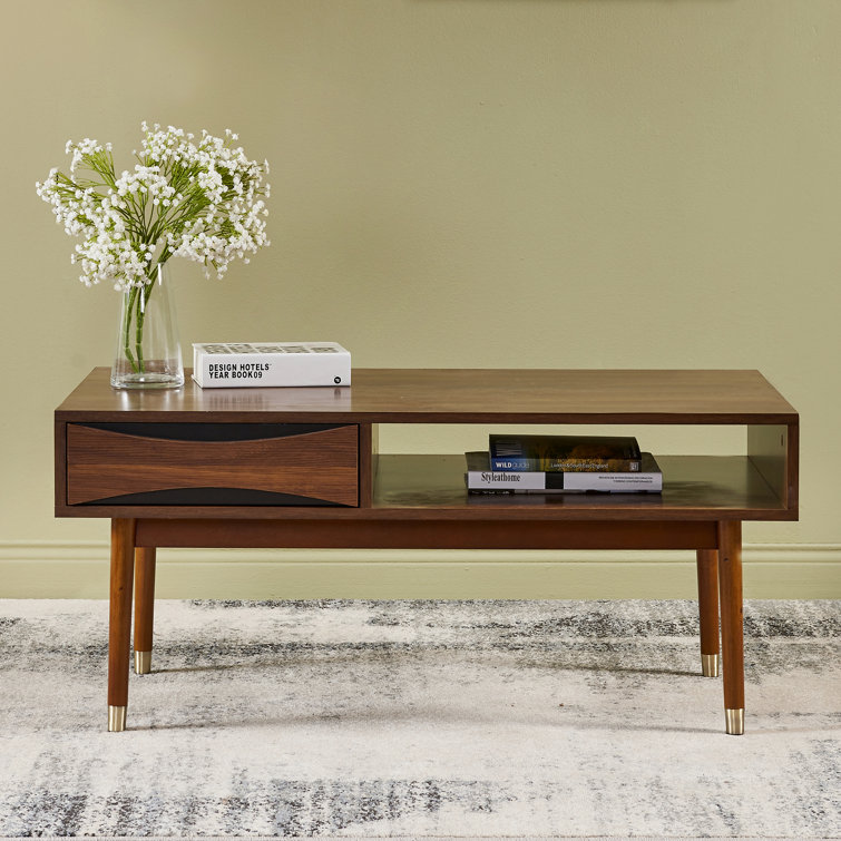 Dawson 40" Walnut Mid-Century Modern Coffee Table with Brass Accents