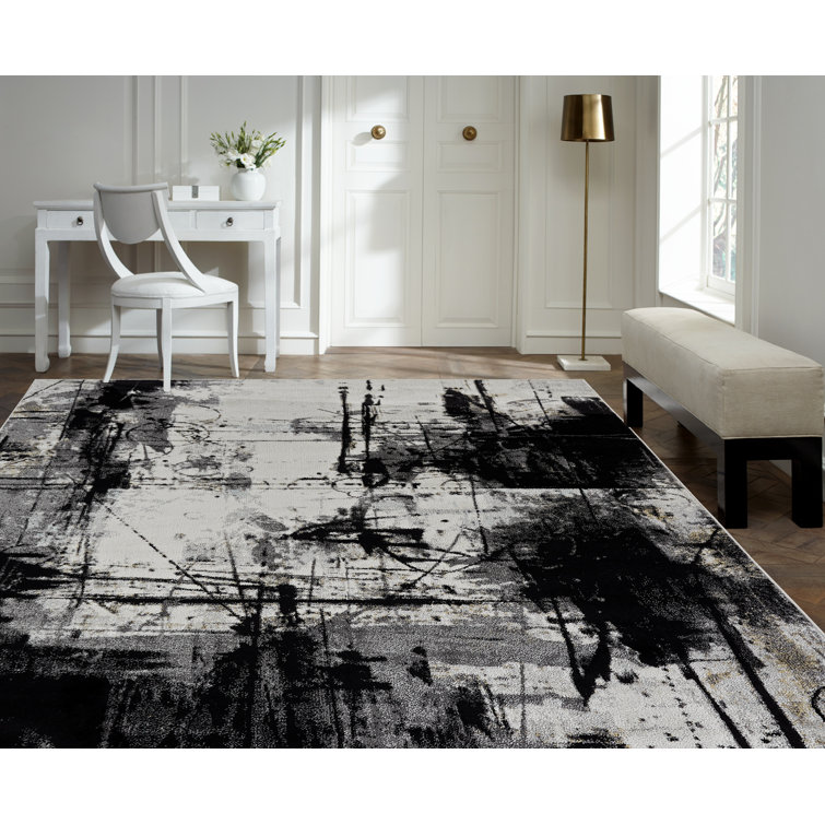 Black and Gray Abstract High Pile Area Rug