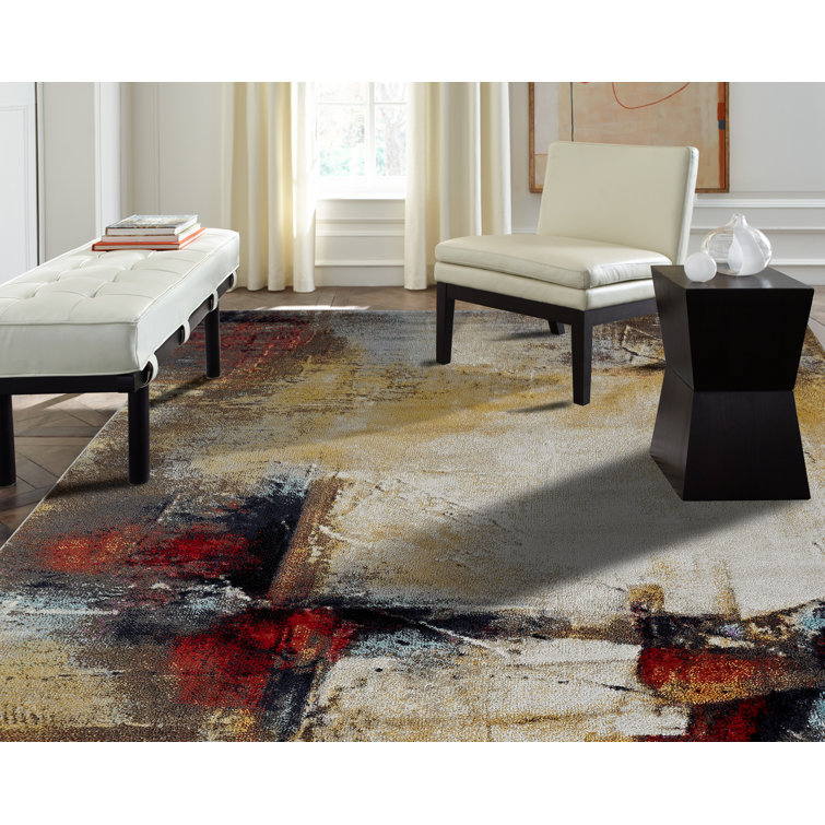 Ivory and Red Abstract Synthetic Rectangular Area Rug