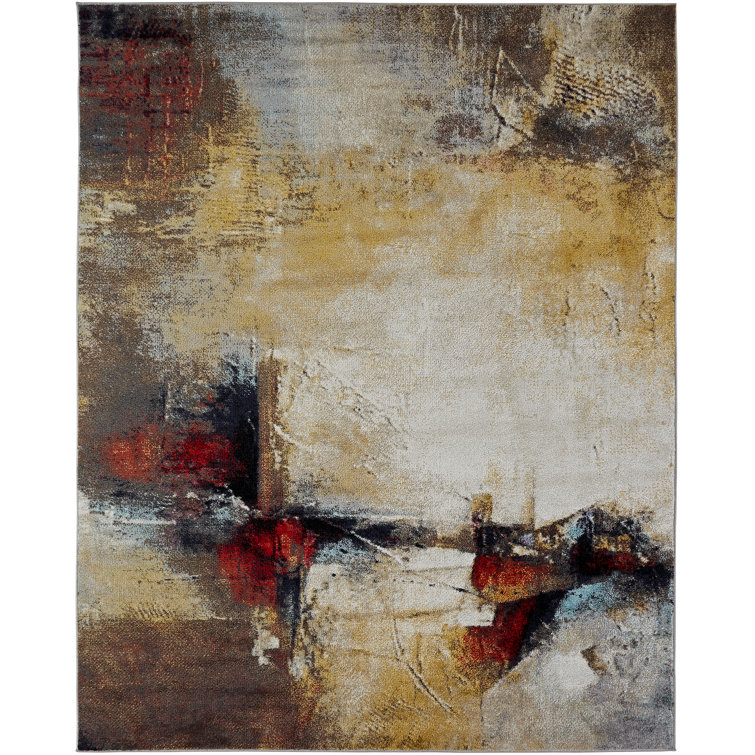 Ivory and Red Abstract Synthetic Rectangular Area Rug