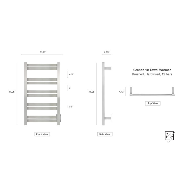 Brushed Stainless Steel Wall Mounted 10-Bar Towel Warmer