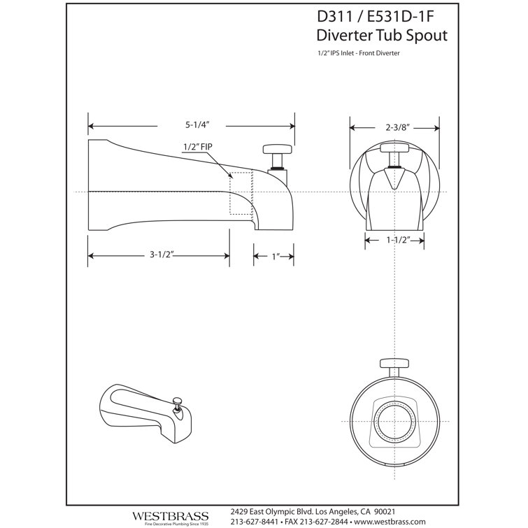 Satin Nickel Wall Mounted Tub Spout with Diverter