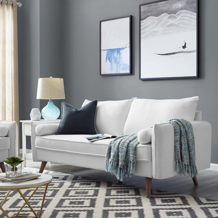 Revive White Tufted Fabric Loveseat with Wood Legs