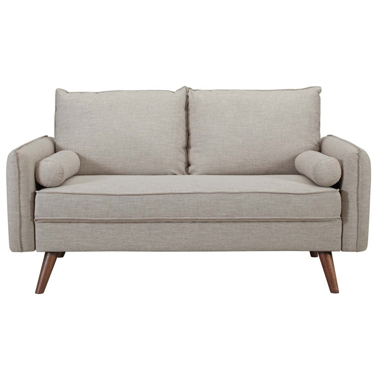 Beige Fabric Loveseat with Walnut Wood Legs