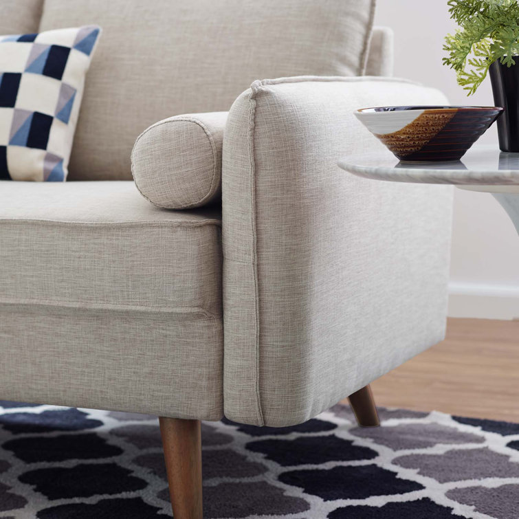 Beige Fabric Loveseat with Walnut Wood Legs