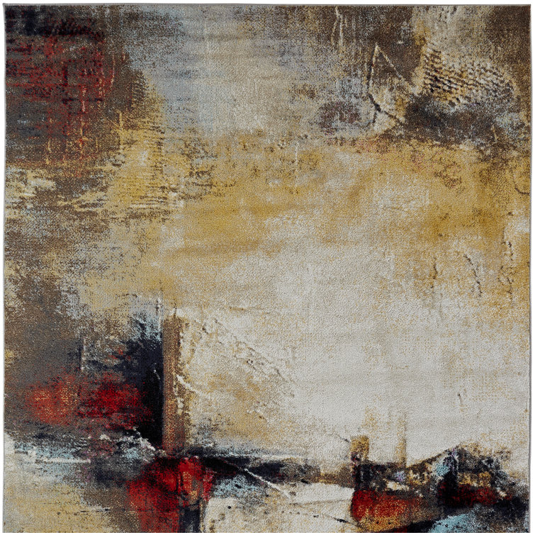 Ivory and Red Abstract Synthetic Rectangular Area Rug