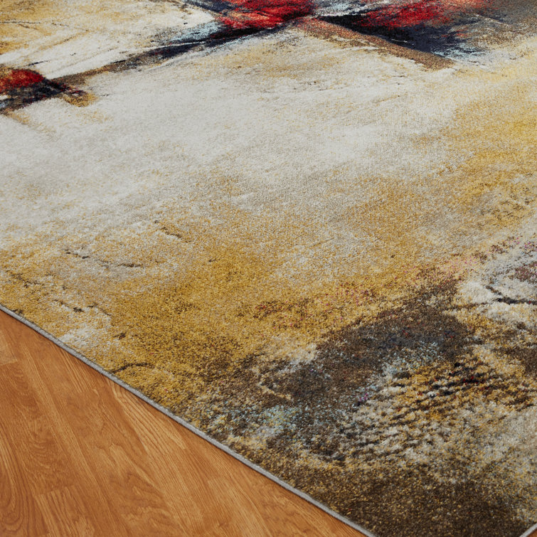 Ivory and Red Abstract Synthetic Rectangular Area Rug