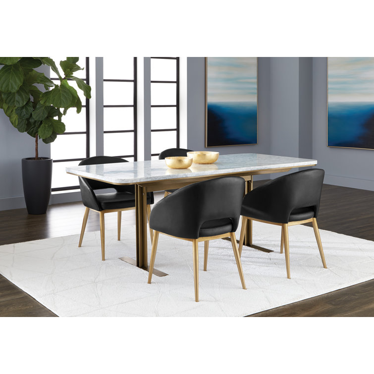 Art Deco White Marble Top Dining Table with Brass T-Frame, Seats 6