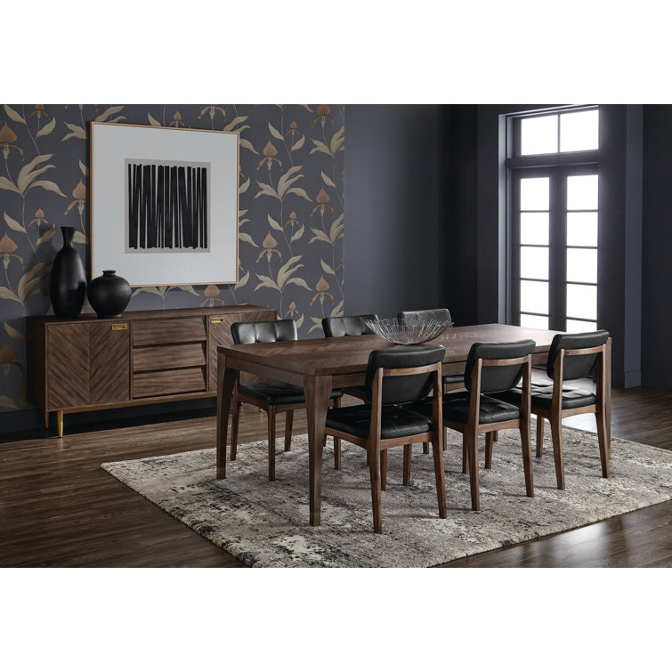Chevron Smoked Acacia Wood Rectangular Dining Table with Brass Nickel Caps