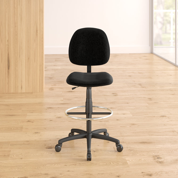 ErgoComfort Black Tweed Drafting Stool with Adjustable Arms and Chrome Footring