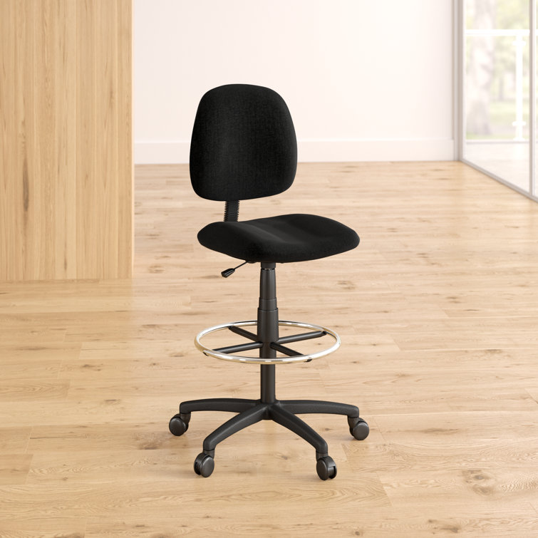 ErgoComfort Black Tweed Drafting Stool with Adjustable Arms and Chrome Footring