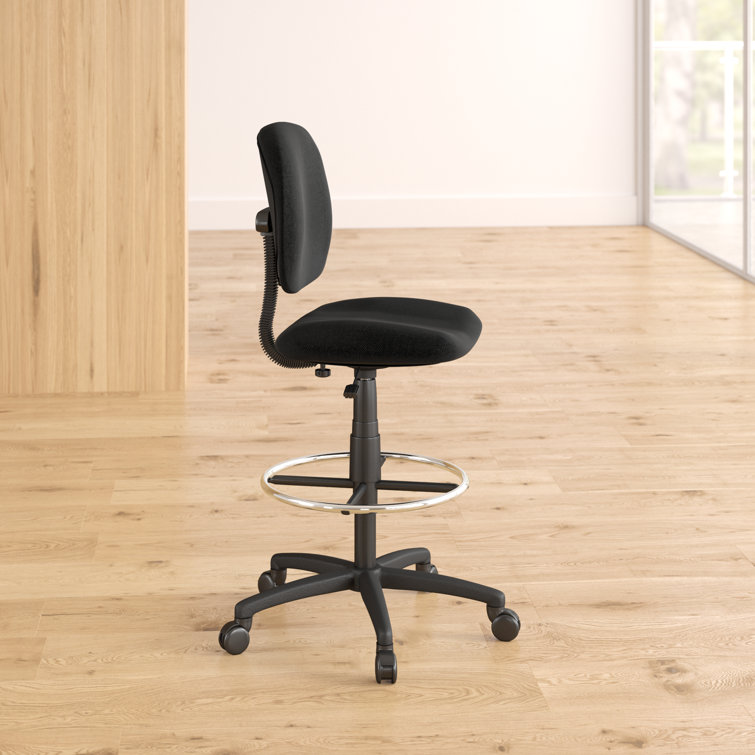ErgoComfort Black Tweed Drafting Stool with Adjustable Arms and Chrome Footring