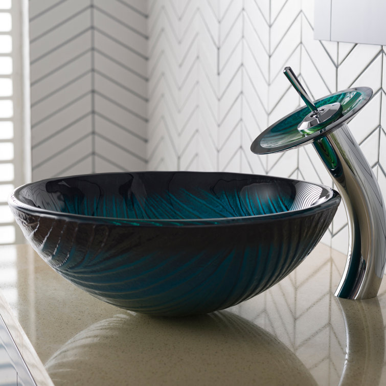 Green Glass Vessel Sink with Chrome Waterfall Faucet