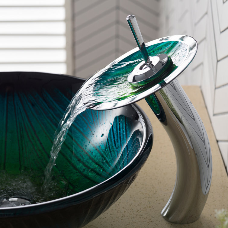 Green Glass Vessel Sink with Chrome Waterfall Faucet