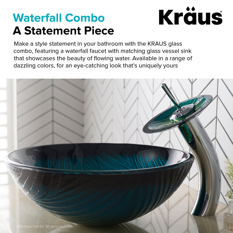 Green Glass Vessel Sink with Chrome Waterfall Faucet