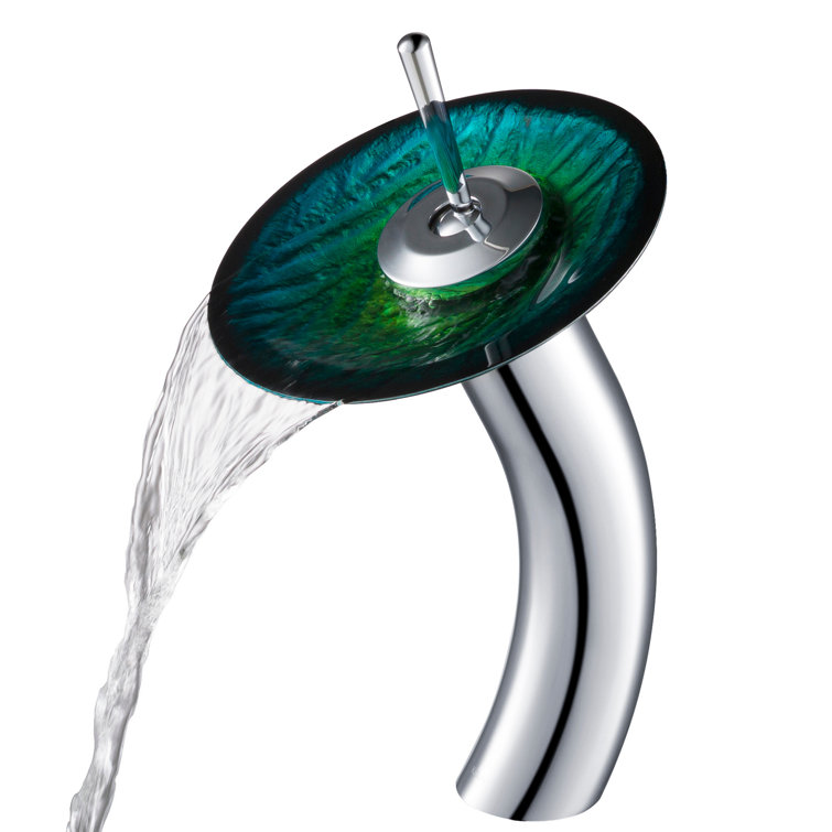Green Glass Vessel Sink with Chrome Waterfall Faucet