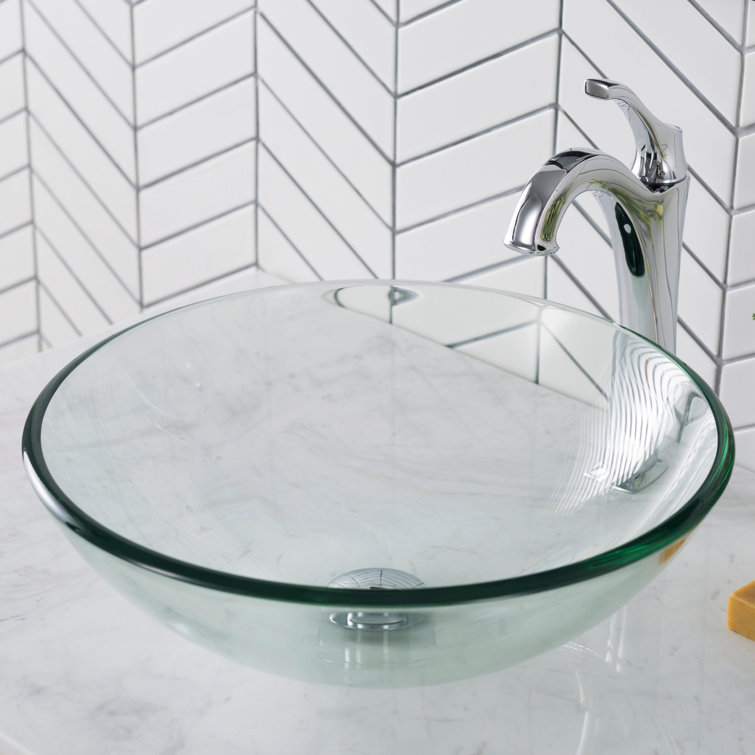 Clear Round Glass Vessel Bathroom Sink, 17-inch