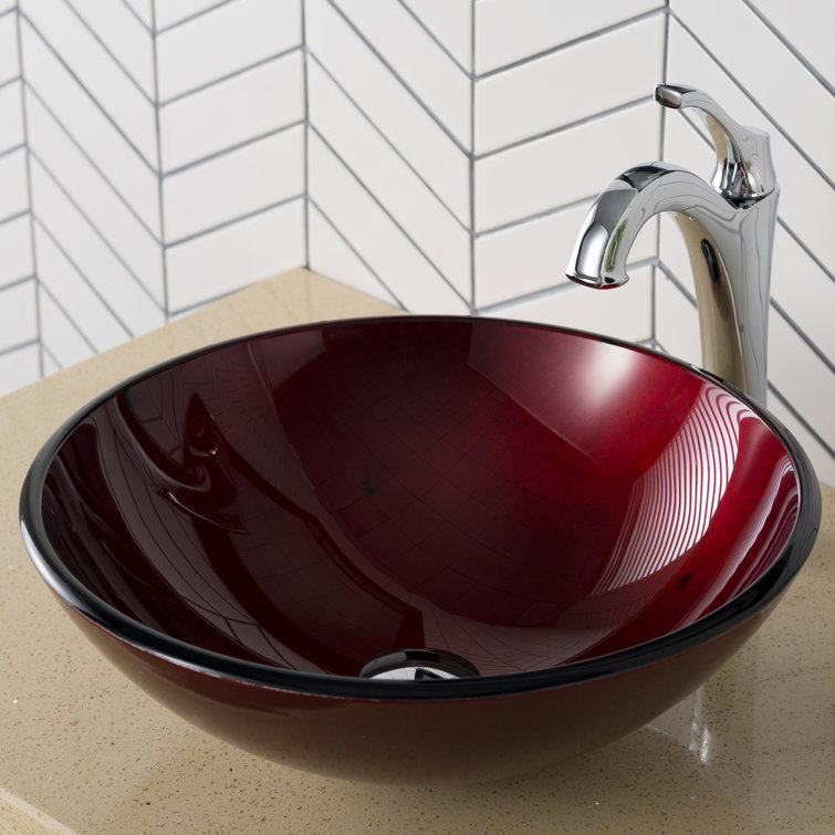 Red Tempered Glass Circular Vessel Bathroom Sink