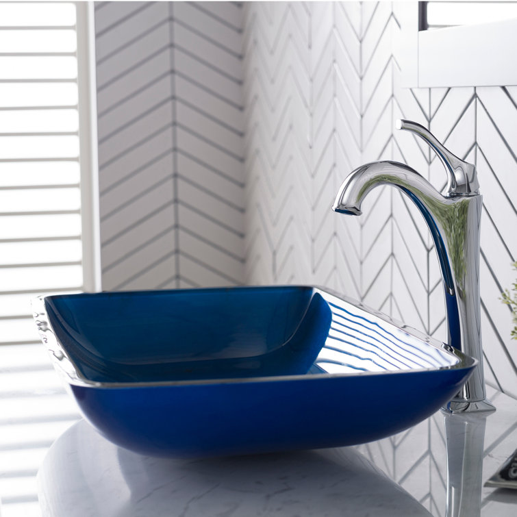 Irruption Blue Rectangular Glass Vessel Sink with Chrome Drain