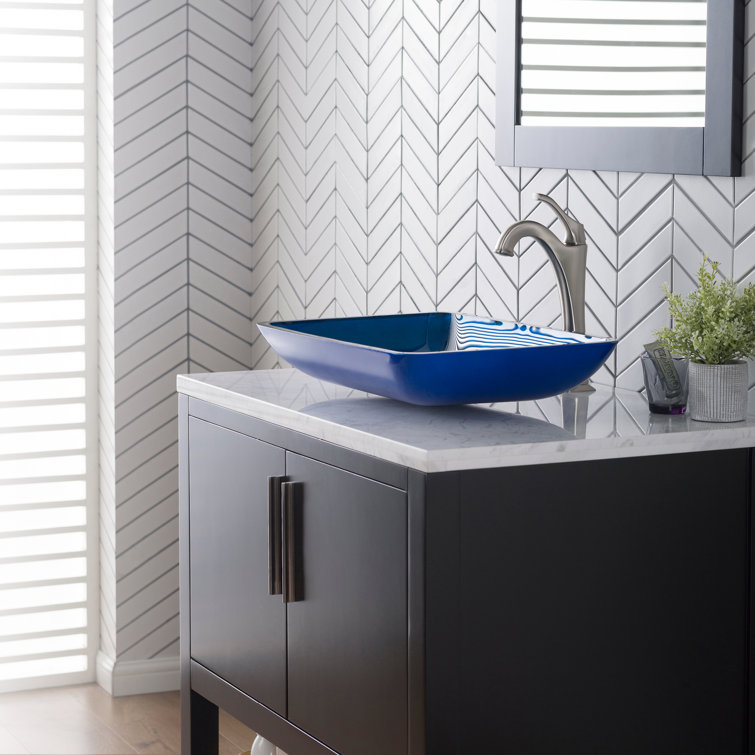 Fire-Blue Rectangular Tempered Glass Vessel Bathroom Sink