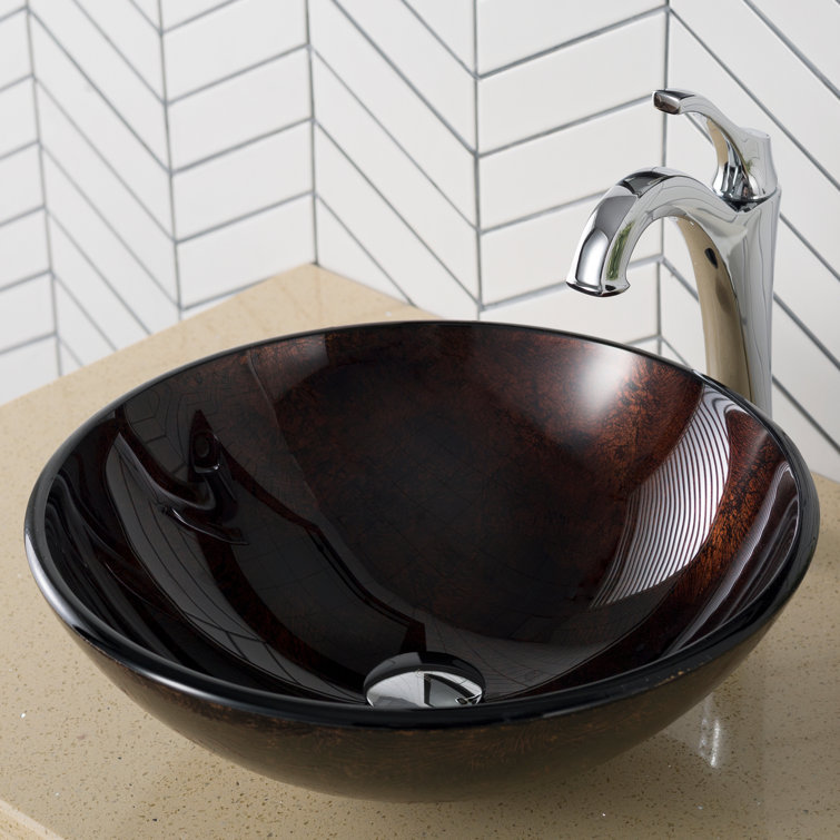 Copper Glass Round Vessel Bathroom Sink, 17 inch