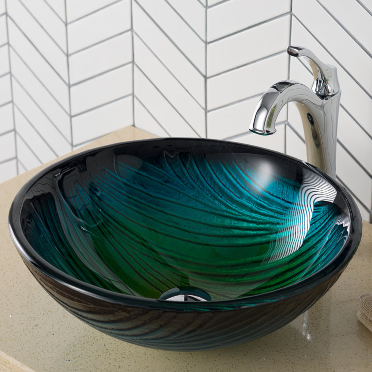 Nei Green Tempered Glass Circular Vessel Sink, 17 inch