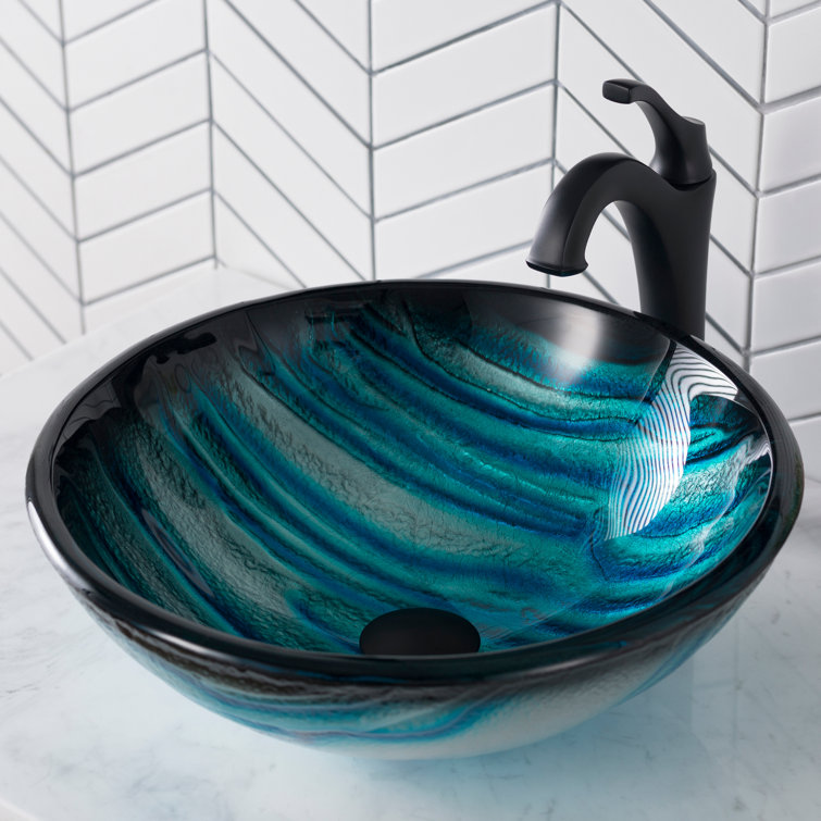 Ladon 17-Inch Blue Tempered Glass Vessel Bathroom Sink