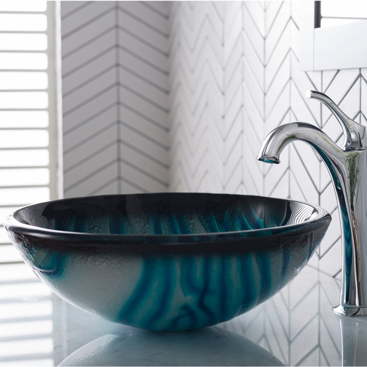 Ladon 17-Inch Blue Tempered Glass Vessel Bathroom Sink