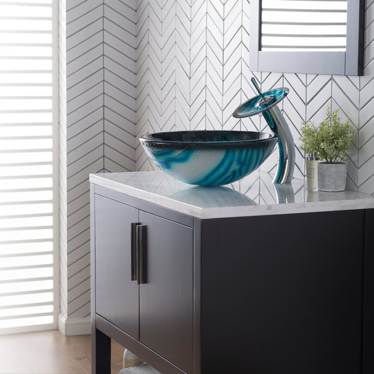 Ladon 17-Inch Blue Tempered Glass Vessel Bathroom Sink