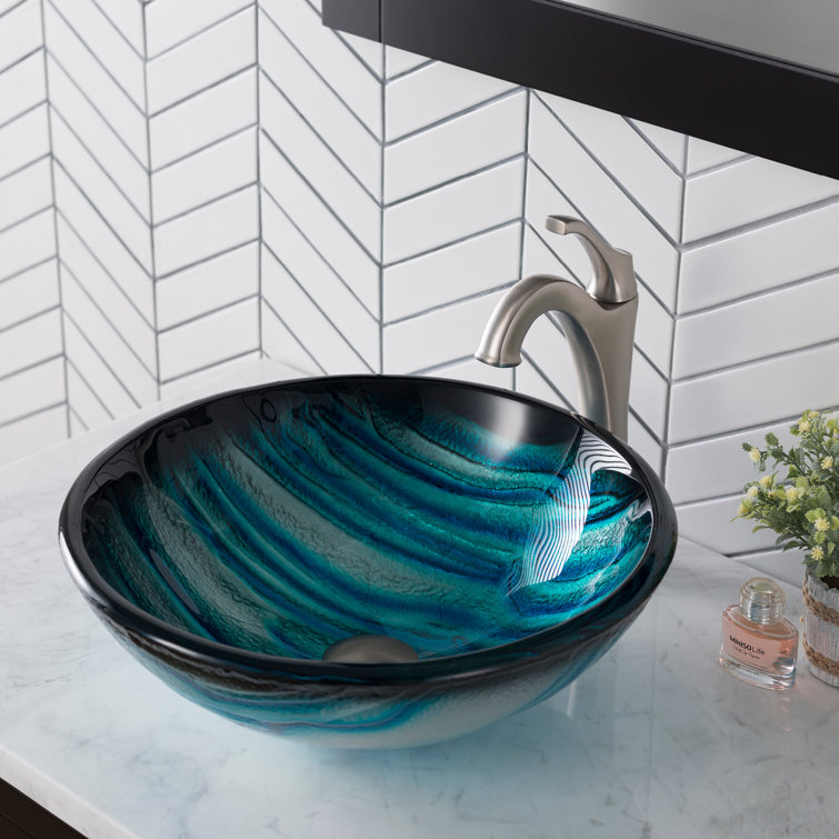Ladon 17-Inch Blue Tempered Glass Vessel Bathroom Sink