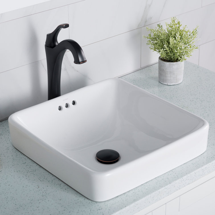Elavo White Ceramic Square Semi-Recessed Bathroom Sink with Overflow
