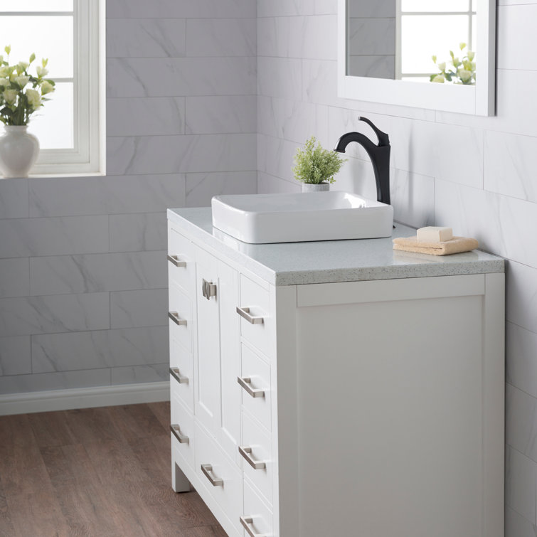 Elavo White Ceramic Square Semi-Recessed Bathroom Sink with Overflow
