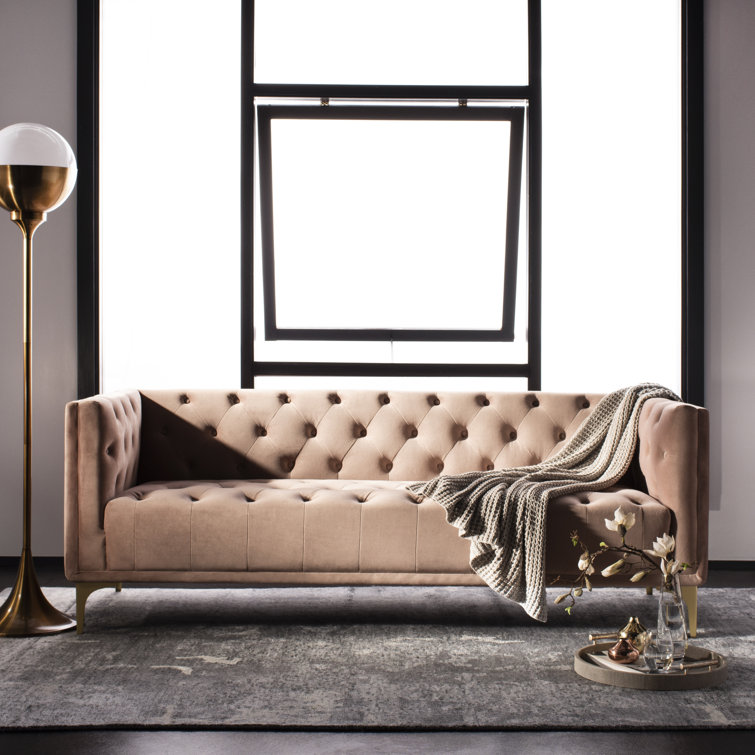 Pale Mauve Tufted Velvet Tuxedo Arm Sofa with Down Fill