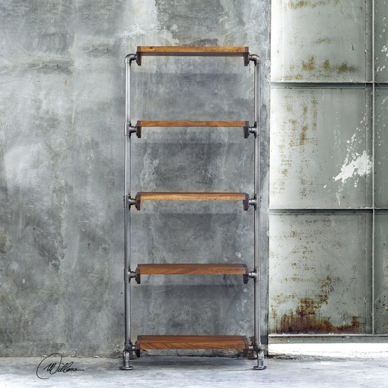 Rhordyn Industrial Gunmetal and Light Walnut 5-Shelf Etagere