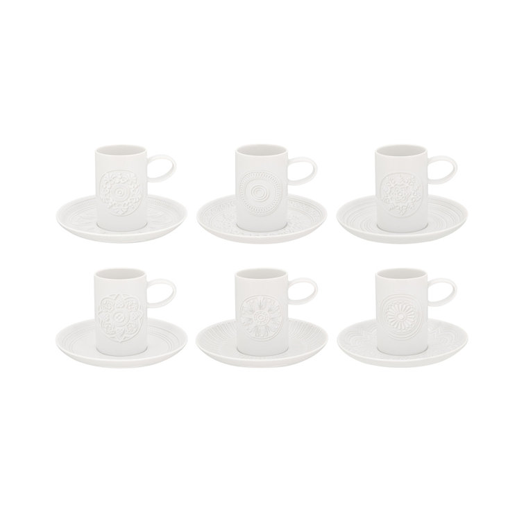 White Ceramic Espresso Cup and Saucer Set, 6 Pieces