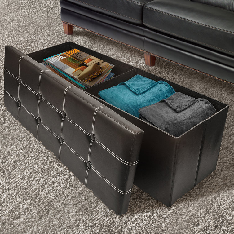 Black Faux Leather Storage Ottoman Bench with Button-Tufting