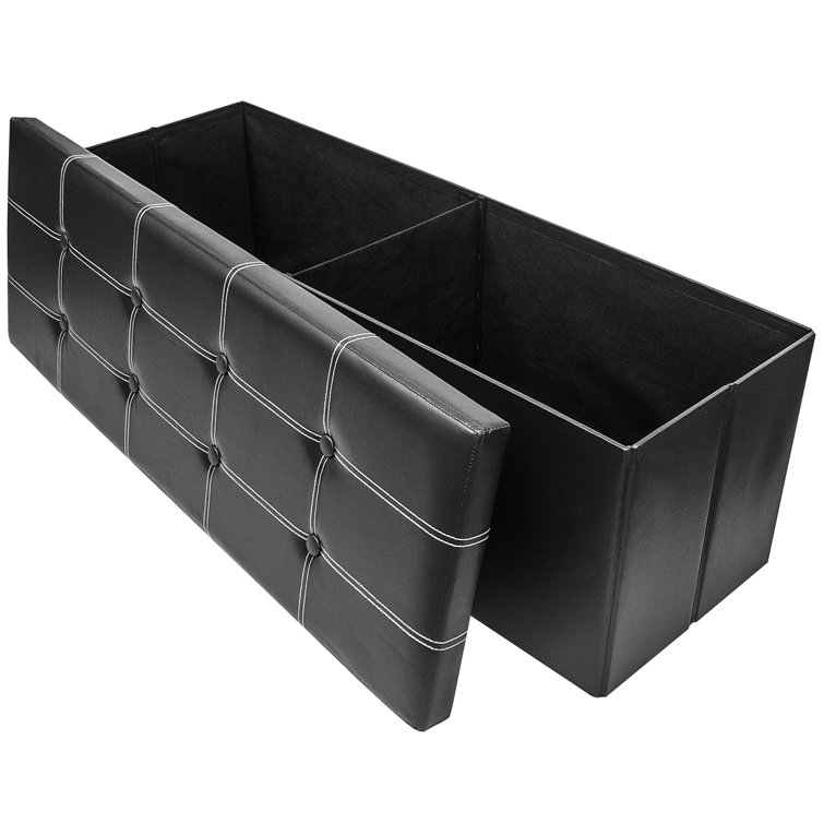 Black Faux Leather Storage Ottoman Bench with Button-Tufting