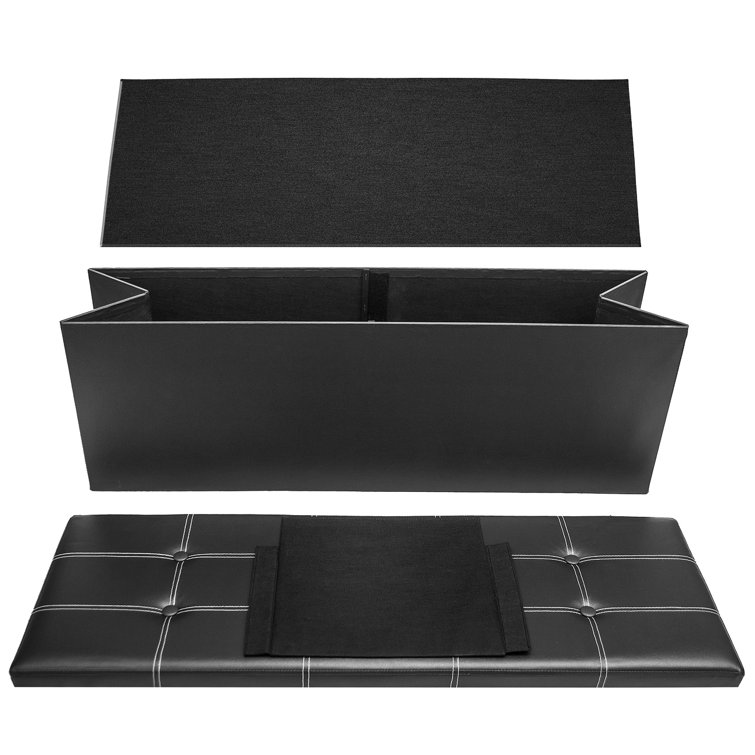 Black Faux Leather Storage Ottoman Bench with Button-Tufting