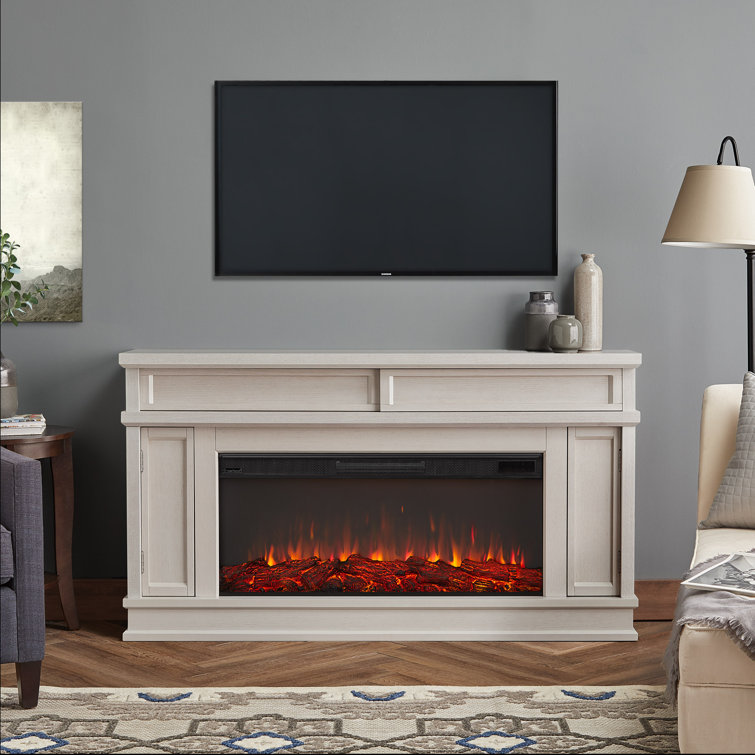 Bone White Electric Fireplace TV Stand with Cabinet